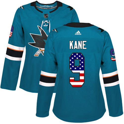 Adidas Sharks #9 Evander Kane Teal Home Authentic USA Flag Women's Stitched NHL Jersey